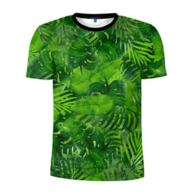 Мужская футболка 3D спортивная с принтом Тропики в Петрозаводске, 100% полиэстер с улучшенными характеристиками | приталенный силуэт, круглая горловина, широкие плечи, сужается к линии бедра | джунгли | зелень | лес | листья | тропики