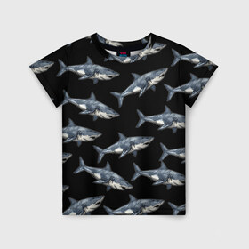 Детская футболка 3D с принтом Акулы в Петрозаводске, 100% гипоаллергенный полиэфир | прямой крой, круглый вырез горловины, длина до линии бедер, чуть спущенное плечо, ткань немного тянется | shark | паттерн