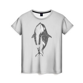Женская футболка 3D с принтом Киты в Петрозаводске, 100% полиэфир ( синтетическое хлопкоподобное полотно) | прямой крой, круглый вырез горловины, длина до линии бедер | арт | касатка | касатки | кит | море | океан | рисунок | узор