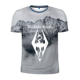 Мужская футболка 3D спортивная с принтом TES V SKYRIM в Петрозаводске, 100% полиэстер с улучшенными характеристиками | приталенный силуэт, круглая горловина, широкие плечи, сужается к линии бедра | Тематика изображения на принте: dragon | mountain | skyrim | tes | tes 5 | the elder scrolls | горы | дракон | логотип | эмблема