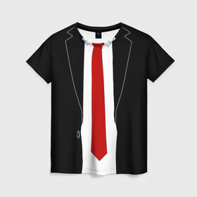 Женская футболка 3D с принтом КОСТЮМ АГЕНТА 47 в Петрозаводске, 100% полиэфир ( синтетическое хлопкоподобное полотно) | прямой крой, круглый вырез горловины, длина до линии бедер | agent 47 | галстук | пиджак | хитман