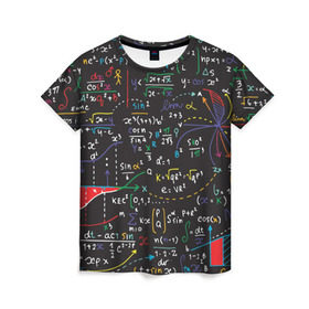 Женская футболка 3D с принтом Math в Петрозаводске, 100% полиэфир ( синтетическое хлопкоподобное полотно) | прямой крой, круглый вырез горловины, длина до линии бедер | Тематика изображения на принте: математика | наука | тригонометрия | уравнения | формулы | цифры