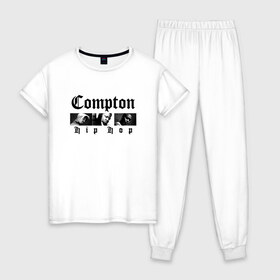 Женская пижама хлопок с принтом Compton hip-hop в Петрозаводске, 100% хлопок | брюки и футболка прямого кроя, без карманов, на брюках мягкая резинка на поясе и по низу штанин | 2pac | 2pak | 2пак | biggie smalls | makaveli | shakur | the notorious b.i.g. | thug life | tupac | амару | биги смолс | ганста | гето | гетто | жизнь головореза | крутой | макавели | надпись | ниггер | ноториус биг | реп | репер | рэп | рэпер