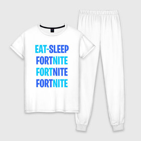 Женская пижама хлопок с принтом Eat Sleep Fortnite в Петрозаводске, 100% хлопок | брюки и футболка прямого кроя, без карманов, на брюках мягкая резинка на поясе и по низу штанин | battle royale | fortnite | victory royale | батл роял | фортнайт