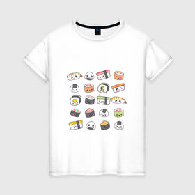 Женская футболка хлопок с принтом Sushi в Петрозаводске, 100% хлопок | прямой крой, круглый вырез горловины, длина до линии бедер, слегка спущенное плечо | anime | fastfood | food | japan | roll | sushi | susi | аниме | роллы | суши | фастфуд | япония