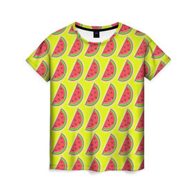 Женская футболка 3D с принтом Арбуз в Петрозаводске, 100% полиэфир ( синтетическое хлопкоподобное полотно) | прямой крой, круглый вырез горловины, длина до линии бедер | pop art | style | безумство | микс | поп арт | тропики | фрукты | яркие | яркое | яркости