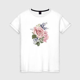 Женская футболка хлопок с принтом Розы в Петрозаводске, 100% хлопок | прямой крой, круглый вырез горловины, длина до линии бедер, слегка спущенное плечо | акварель | роза | розовые | цветы