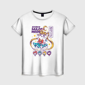 Женская футболка 3D с принтом Sailor Meow в Петрозаводске, 100% полиэфир ( синтетическое хлопкоподобное полотно) | прямой крой, круглый вырез горловины, длина до линии бедер | anime | cat | kawaii | sailor moon | аниме | каваи | кот котик | мультсериал | ностальгия | ретро | сейлор мун