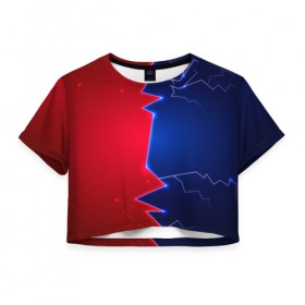 Женская футболка 3D укороченная с принтом Battle color в Петрозаводске, 100% полиэстер | круглая горловина, длина футболки до линии талии, рукава с отворотами | blue | lightning | lines | red | красный | линии | молния | половины | противостояние | синий