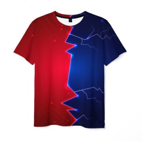 Мужская футболка 3D с принтом Battle color в Петрозаводске, 100% полиэфир | прямой крой, круглый вырез горловины, длина до линии бедер | blue | lightning | lines | red | красный | линии | молния | половины | противостояние | синий
