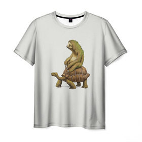Мужская футболка 3D с принтом Ленивец и Черепаха в Петрозаводске, 100% полиэфир | прямой крой, круглый вырез горловины, длина до линии бедер | быстрый | медленный | понедельник | работа | юмор
