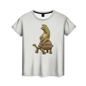 Женская футболка 3D с принтом Ленивец и Черепаха в Петрозаводске, 100% полиэфир ( синтетическое хлопкоподобное полотно) | прямой крой, круглый вырез горловины, длина до линии бедер | быстрый | медленный | понедельник | работа | юмор