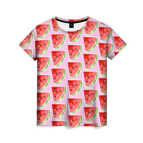 Женская футболка 3D с принтом Арбуз ПОП АРТ в Петрозаводске, 100% полиэфир ( синтетическое хлопкоподобное полотно) | прямой крой, круглый вырез горловины, длина до линии бедер | pop art | popart | арбуз | арбузный | дольками | дольки арбуза | поп арт