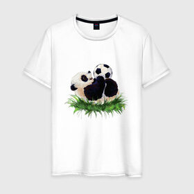 Мужская футболка хлопок с принтом Милая панда в Петрозаводске, 100% хлопок | прямой крой, круглый вырез горловины, длина до линии бедер, слегка спущенное плечо. | мяч | футбол