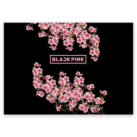 Поздравительная открытка с принтом BlackPink sakura в Петрозаводске, 100% бумага | плотность бумаги 280 г/м2, матовая, на обратной стороне линовка и место для марки
 | Тематика изображения на принте: black  pink | blackpink | jennie | jisoo | k pop | lalisa | sakura | группа | к поп | корейская группа | розовый | сакура | черный