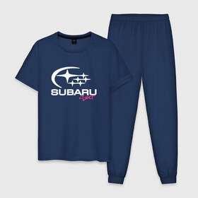 Мужская пижама хлопок с принтом SubaruSect белое лого в Петрозаводске, 100% хлопок | брюки и футболка прямого кроя, без карманов, на брюках мягкая резинка на поясе и по низу штанин
 | subaru | subarusect