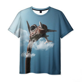 Мужская футболка 3D с принтом Жираф и самолет в Петрозаводске, 100% полиэфир | прямой крой, круглый вырез горловины, длина до линии бедер | животные | жираф | небо | облака | природа | самолет | солнце | юмор