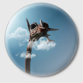 Значок с принтом Жираф и самолет в Петрозаводске,  металл | круглая форма, металлическая застежка в виде булавки | животные | жираф | небо | облака | природа | самолет | солнце | юмор