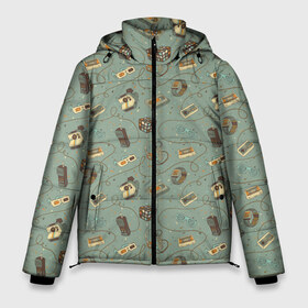 Мужская зимняя куртка 3D с принтом Oldschool pattern в Петрозаводске, верх — 100% полиэстер; подкладка — 100% полиэстер; утеплитель — 100% полиэстер | длина ниже бедра, свободный силуэт Оверсайз. Есть воротник-стойка, отстегивающийся капюшон и ветрозащитная планка. 

Боковые карманы с листочкой на кнопках и внутренний карман на молнии. | Тематика изображения на принте: 80 | 90 | camera | eighties | nineties | oldschool | phone | retro | vch | видеокассета | восьмидесятые | девяностые | камера | кассета | олдскул | очки | ретро | телефон