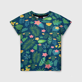Детская футболка 3D с принтом Тропики в Петрозаводске, 100% гипоаллергенный полиэфир | прямой крой, круглый вырез горловины, длина до линии бедер, чуть спущенное плечо, ткань немного тянется | jungle | деревья | джунгли | зелень | кусты | лес | мох | океан | пальмы | пляж | тропики | экзотика