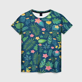 Женская футболка 3D с принтом Тропики в Петрозаводске, 100% полиэфир ( синтетическое хлопкоподобное полотно) | прямой крой, круглый вырез горловины, длина до линии бедер | jungle | деревья | джунгли | зелень | кусты | лес | мох | океан | пальмы | пляж | тропики | экзотика