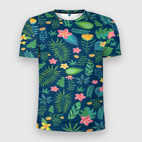 Мужская футболка 3D спортивная с принтом Тропики в Петрозаводске, 100% полиэстер с улучшенными характеристиками | приталенный силуэт, круглая горловина, широкие плечи, сужается к линии бедра | jungle | деревья | джунгли | зелень | кусты | лес | мох | океан | пальмы | пляж | тропики | экзотика
