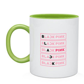 Кружка двухцветная с принтом BlackPink в Петрозаводске, керамика | объем — 330 мл, диаметр — 80 мм. Цветная ручка и кайма сверху, в некоторых цветах — вся внутренняя часть | black  pink | blackpink | jennie | jisoo | k pop | lalisa | группа | к поп | корейская группа | розовый | черный