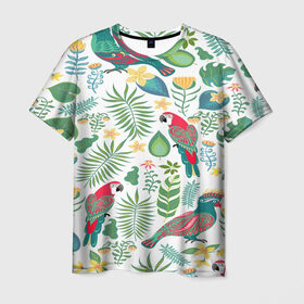 Мужская футболка 3D с принтом Попугаи в Петрозаводске, 100% полиэфир | прямой крой, круглый вырез горловины, длина до линии бедер | jungle | деревья | джунгли | зелень | кусты | лес | мох | океан | пальмы | пляж | тропики | экзотика