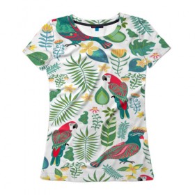 Женская футболка 3D с принтом Попугаи в Петрозаводске, 100% полиэфир ( синтетическое хлопкоподобное полотно) | прямой крой, круглый вырез горловины, длина до линии бедер | jungle | деревья | джунгли | зелень | кусты | лес | мох | океан | пальмы | пляж | тропики | экзотика