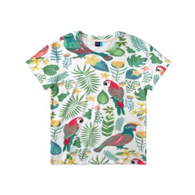 Детская футболка 3D с принтом Попугаи в Петрозаводске, 100% гипоаллергенный полиэфир | прямой крой, круглый вырез горловины, длина до линии бедер, чуть спущенное плечо, ткань немного тянется | jungle | деревья | джунгли | зелень | кусты | лес | мох | океан | пальмы | пляж | тропики | экзотика