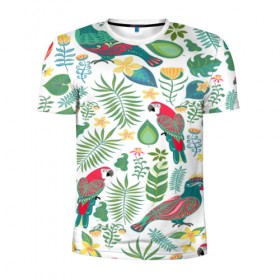 Мужская футболка 3D спортивная с принтом Попугаи в Петрозаводске, 100% полиэстер с улучшенными характеристиками | приталенный силуэт, круглая горловина, широкие плечи, сужается к линии бедра | jungle | деревья | джунгли | зелень | кусты | лес | мох | океан | пальмы | пляж | тропики | экзотика
