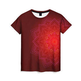 Женская футболка 3D с принтом Красная мандала в Петрозаводске, 100% полиэфир ( синтетическое хлопкоподобное полотно) | прямой крой, круглый вырез горловины, длина до линии бедер | символ | узор | цветок