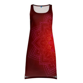 Платье-майка 3D с принтом Красная мандала в Петрозаводске, 100% полиэстер | полуприлегающий силуэт, широкие бретели, круглый вырез горловины, удлиненный подол сзади. | символ | узор | цветок