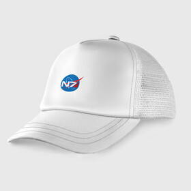 Детская кепка тракер с принтом NASA N7 MASS EFFECT в Петрозаводске, Козырек - 100% хлопок. Кепка - 100% полиэстер, Задняя часть - сетка | универсальный размер, пластиковая застёжка | logo | n7 | nasa | space | логотип | масс эффект | н7 | наса
