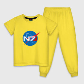 Детская пижама хлопок с принтом NASA N7 MASS EFFECT в Петрозаводске, 100% хлопок |  брюки и футболка прямого кроя, без карманов, на брюках мягкая резинка на поясе и по низу штанин
 | Тематика изображения на принте: logo | n7 | nasa | space | логотип | масс эффект | н7 | наса