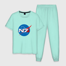 Мужская пижама хлопок с принтом NASA N7 MASS EFFECT в Петрозаводске, 100% хлопок | брюки и футболка прямого кроя, без карманов, на брюках мягкая резинка на поясе и по низу штанин
 | Тематика изображения на принте: logo | n7 | nasa | space | логотип | масс эффект | н7 | наса