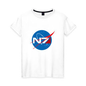 Женская футболка хлопок с принтом NASA N7 MASS EFFECT в Петрозаводске, 100% хлопок | прямой крой, круглый вырез горловины, длина до линии бедер, слегка спущенное плечо | Тематика изображения на принте: logo | n7 | nasa | space | логотип | масс эффект | н7 | наса