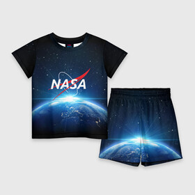 Детский костюм с шортами 3D с принтом NASA в Петрозаводске,  |  | galaxy | nasa | planet | star | астрономия | галактика | звезды | космос | надписи | наса | планета