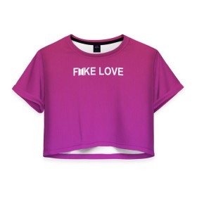 Женская футболка 3D укороченная с принтом BTS FAKE LOVE в Петрозаводске, 100% полиэстер | круглая горловина, длина футболки до линии талии, рукава с отворотами | bts | bts army | j hope | jimin | jin | jungkook | k pop | rap monster | rapmon | suga | v | бтс | группа | корея