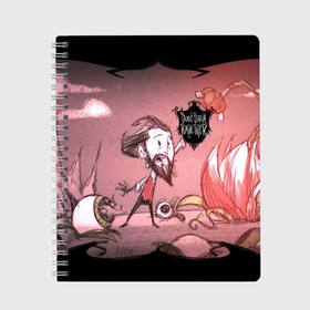 Тетрадь с принтом DON`T STARVE в Петрозаводске, 100% бумага | 48 листов, плотность листов — 60 г/м2, плотность картонной обложки — 250 г/м2. Листы скреплены сбоку удобной пружинной спиралью. Уголки страниц и обложки скругленные. Цвет линий — светло-серый
 | Тематика изображения на принте: action | adventure | dont starve | gamer | player | twitch | игра