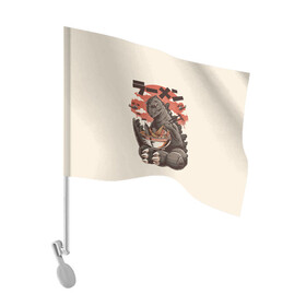 Флаг для автомобиля с принтом GODZILLA КУШАЕТ | ГОДЗИЛЛА в Петрозаводске, 100% полиэстер | Размер: 30*21 см | comic con | godzilla | gojira | logo | годзилла | знаки | иероглифы | лого | монстр | фильм | чудовище