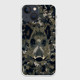 Чехол для iPhone 13 mini с принтом Камуфляж с кабаном в Петрозаводске,  |  | кабан | милитари | свин | хряк