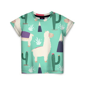 Детская футболка 3D с принтом Альпаки в Петрозаводске, 100% гипоаллергенный полиэфир | прямой крой, круглый вырез горловины, длина до линии бедер, чуть спущенное плечо, ткань немного тянется | Тематика изображения на принте: зеленый | лама | паттерн