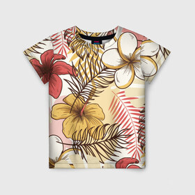 Детская футболка 3D с принтом Тропики в Петрозаводске, 100% гипоаллергенный полиэфир | прямой крой, круглый вырез горловины, длина до линии бедер, чуть спущенное плечо, ткань немного тянется | джунгли | паттерн | растения | цветы