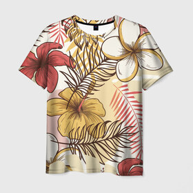Мужская футболка 3D с принтом Тропики в Петрозаводске, 100% полиэфир | прямой крой, круглый вырез горловины, длина до линии бедер | джунгли | паттерн | растения | цветы