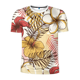 Мужская футболка 3D спортивная с принтом Тропики в Петрозаводске, 100% полиэстер с улучшенными характеристиками | приталенный силуэт, круглая горловина, широкие плечи, сужается к линии бедра | джунгли | паттерн | растения | цветы