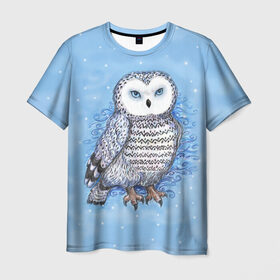 Мужская футболка 3D с принтом Полярная сова в Петрозаводске, 100% полиэфир | прямой крой, круглый вырез горловины, длина до линии бедер | зима | ночной охотник | синий | снег