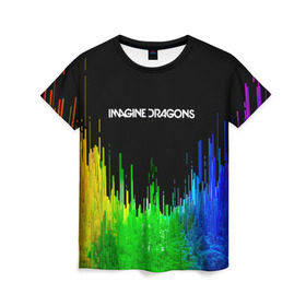 Женская футболка 3D с принтом IMAGINE DRAGONS в Петрозаводске, 100% полиэфир ( синтетическое хлопкоподобное полотно) | прямой крой, круглый вырез горловины, длина до линии бедер | color | imagine dragons | logo | stripes | trend | абстракция | группа | линии | лого | рок | рэп | фирменные цвета