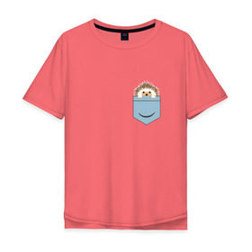 Мужская футболка хлопок Oversize с принтом Ёжик в кармане в Петрозаводске, 100% хлопок | свободный крой, круглый ворот, “спинка” длиннее передней части | еж | ёжик | ёжик в кармане | лес