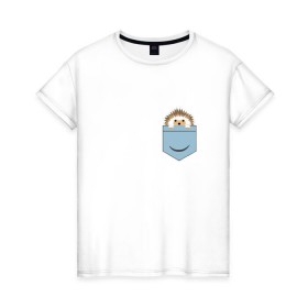 Женская футболка хлопок с принтом Ёжик в кармане в Петрозаводске, 100% хлопок | прямой крой, круглый вырез горловины, длина до линии бедер, слегка спущенное плечо | Тематика изображения на принте: еж | ёжик | ёжик в кармане | лес